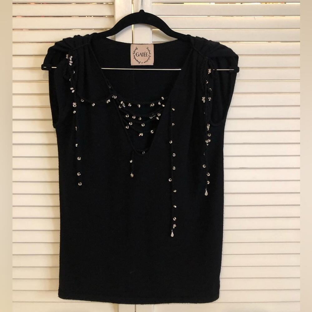 Gatee Black Wool Sleeveless Top with Rhinestones